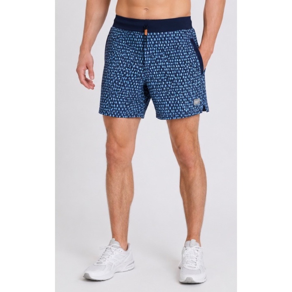 Rhone Mens‎ Mako Athletic Shorts Blue Geometric Diamond Print Size XXL 7 Inch